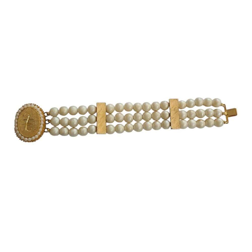 Vintage Signed BSK Triple Strand Satin Faux Pearl Bead Bracelet with Oval Clasp
